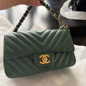 CHANEL Chevron Quilted Leather Top Handle Bag in Dark Green with Gold Hardware